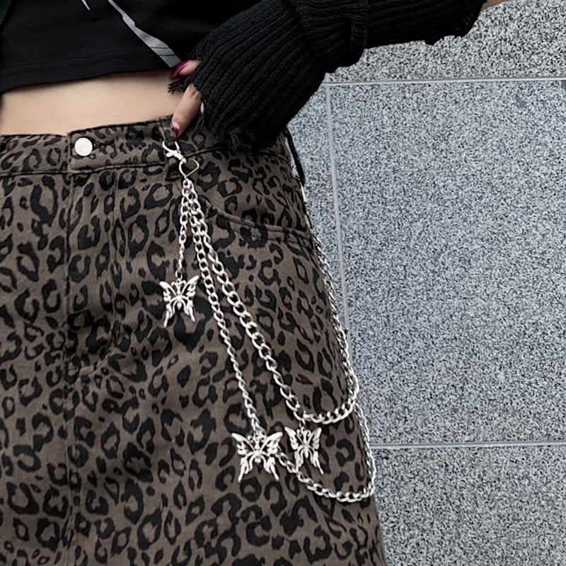 Harajuku Style Retro Denim Skirt High Waist Leopard Print Skirt Women
