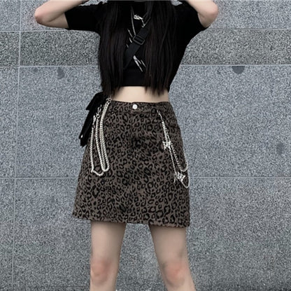 Harajuku Style Retro Denim Skirt High Waist Leopard Print Skirt Women