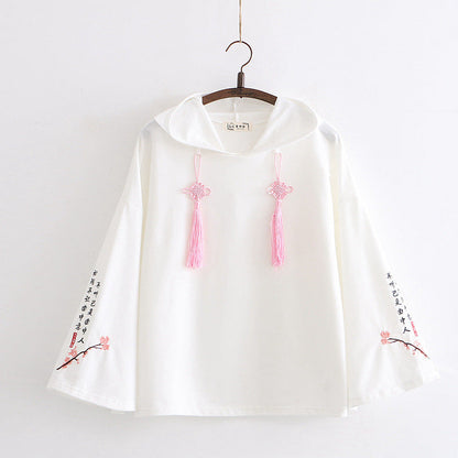 Women Floral Embroidery Hooded Sweatshirts Chinese Style
