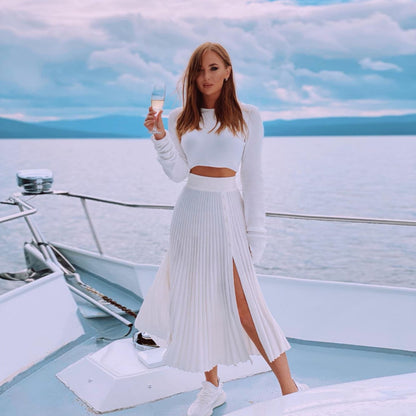 Cardigan Slit Sweater Pleated Skirt Set