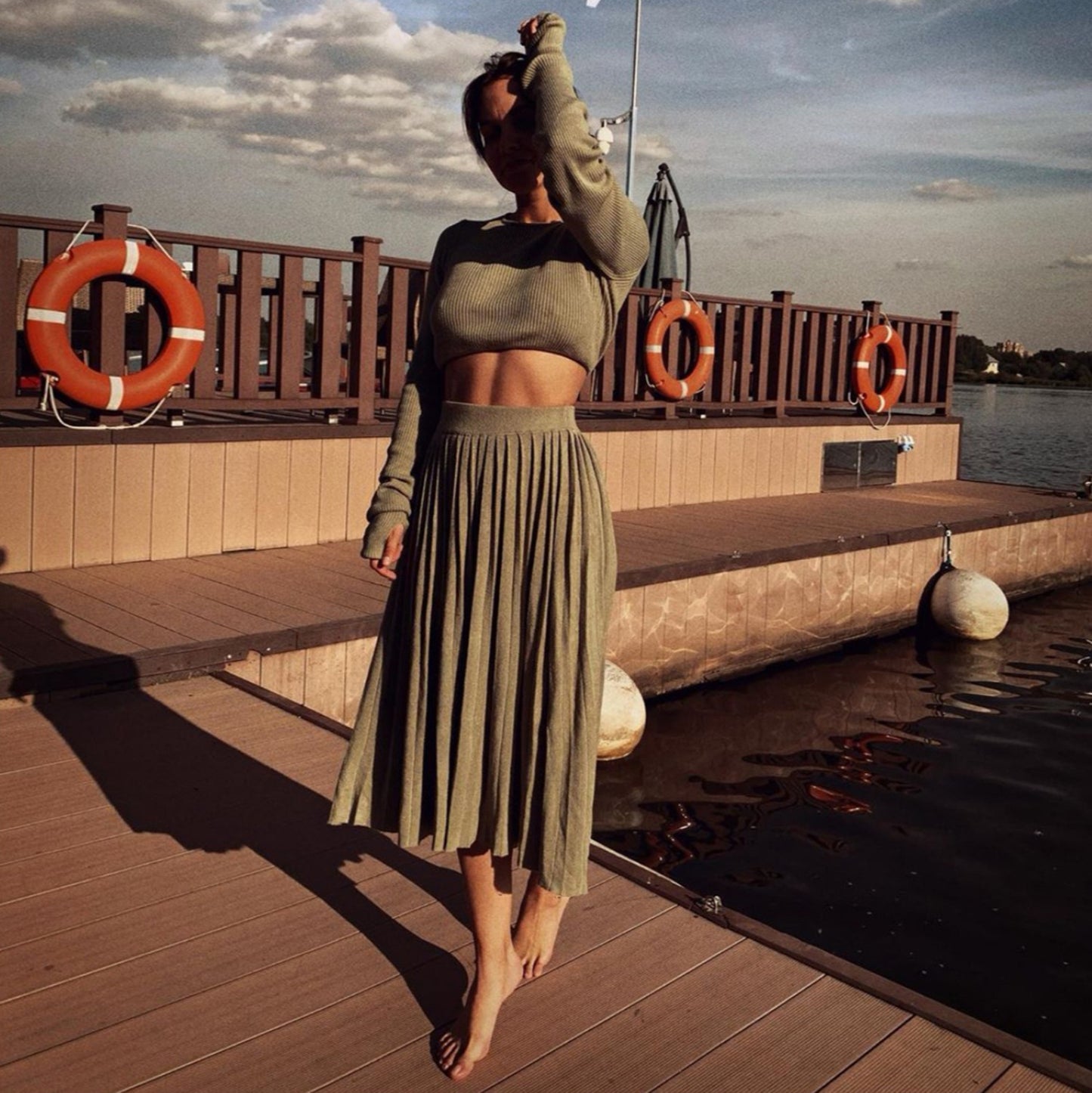 Cardigan Slit Sweater Pleated Skirt Set
