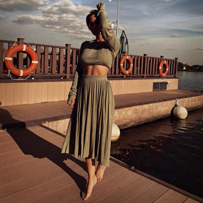 Cardigan Slit Sweater Pleated Skirt Set