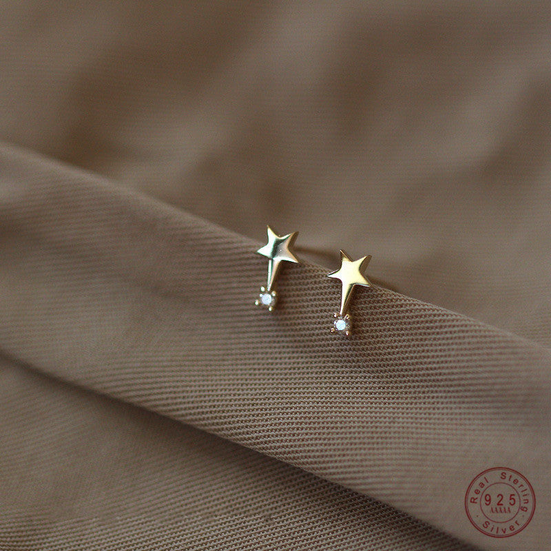 Small Slender Drill Pentagram S925 Pure Silver Plating 14 k Gold Earrings