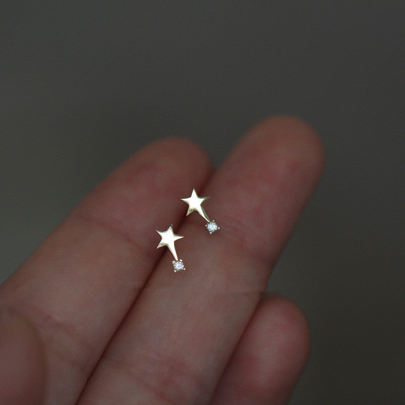 Small Slender Drill Pentagram S925 Pure Silver Plating 14 k Gold Earrings
