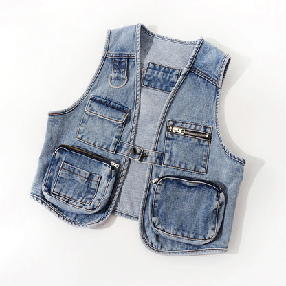 All-Match Fashion Multi-Pocket Denim Vest Women Short Vest