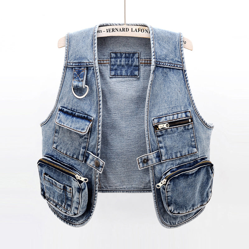 All-Match Fashion Multi-Pocket Denim Vest Women Short Vest