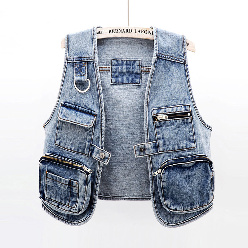 All-Match Fashion Multi-Pocket Denim Vest Women Short Vest