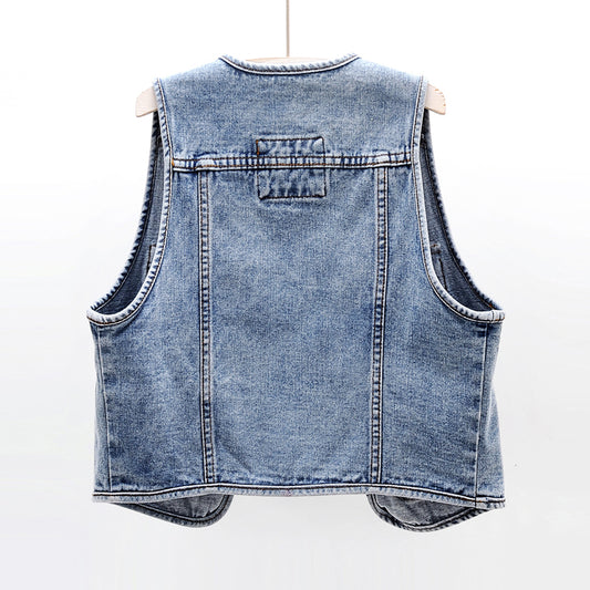 All-Match Fashion Multi-Pocket Denim Vest Women Short Vest
