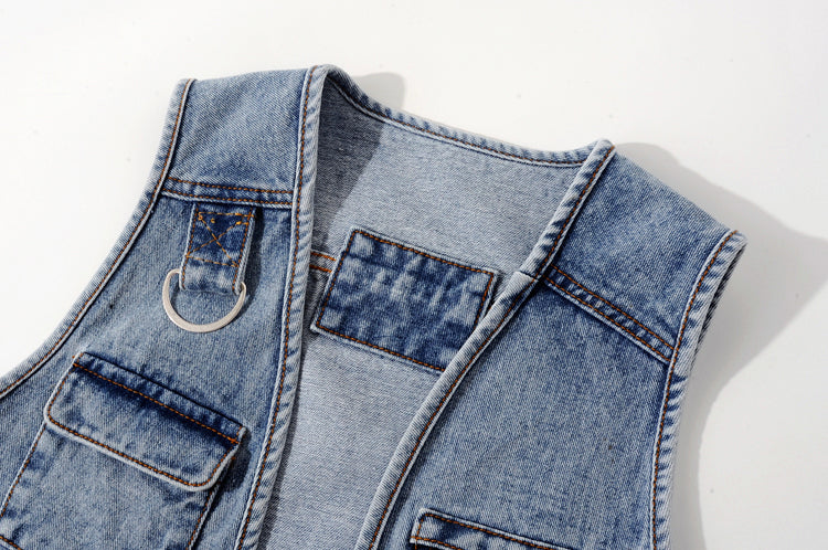 All-Match Fashion Multi-Pocket Denim Vest Women Short Vest