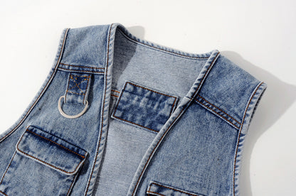 All-Match Fashion Multi-Pocket Denim Vest Women Short Vest