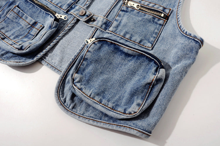 All-Match Fashion Multi-Pocket Denim Vest Women Short Vest