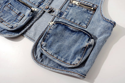 All-Match Fashion Multi-Pocket Denim Vest Women Short Vest