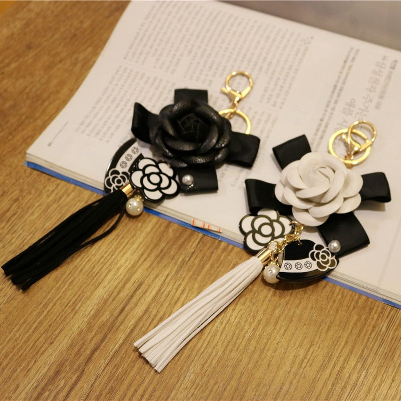 Korean Style PU Leather Tassel Keychain Camellia Bag Pendant