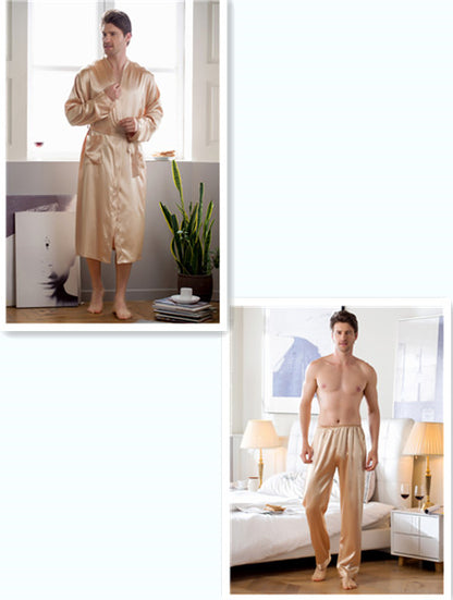 Men's Home Wear Mid-length Cardigan Simulation Silk Nightgown