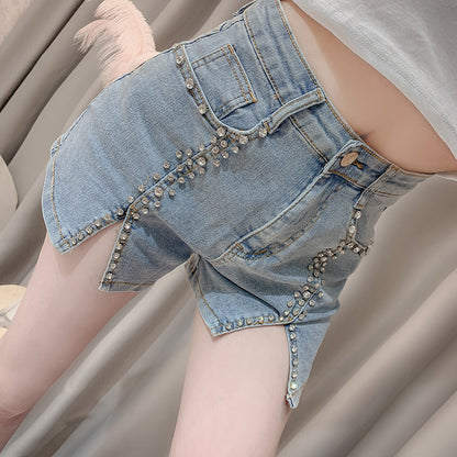 Summer Dress New Style Celebrity Heavy Industry Nail Bead Inlaid Diamond Slim Split Stretch Jeans Women''s Shorts