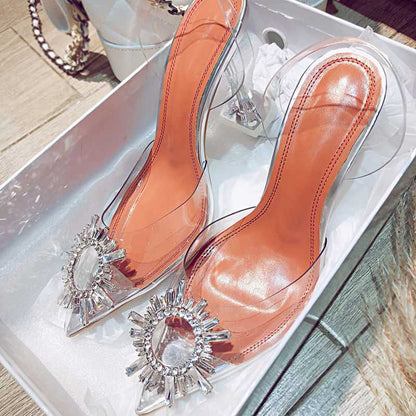 Women Pumps Elegant Pointed Toe Rhinestones High Heels Wedding Shoes Crystal Clear Heeled Slingback Pumps Sandals Sexy Heels