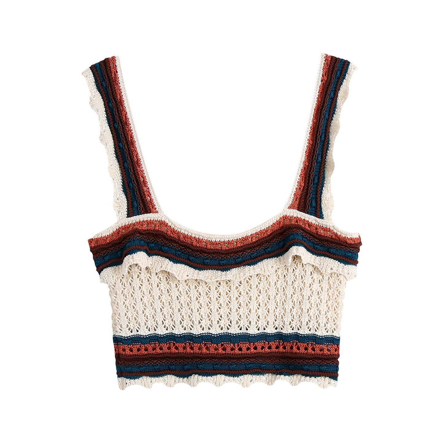 Women Fashion Color Match Crochet Short Vest Thin Sweater Ladies