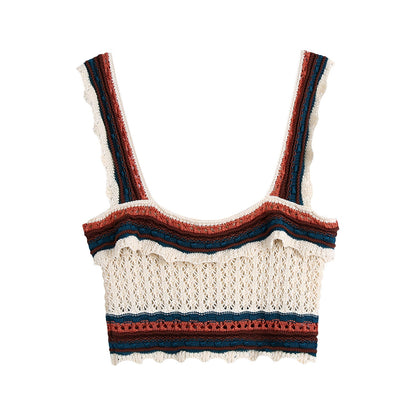 Women Fashion Color Match Crochet Short Vest Thin Sweater Ladies