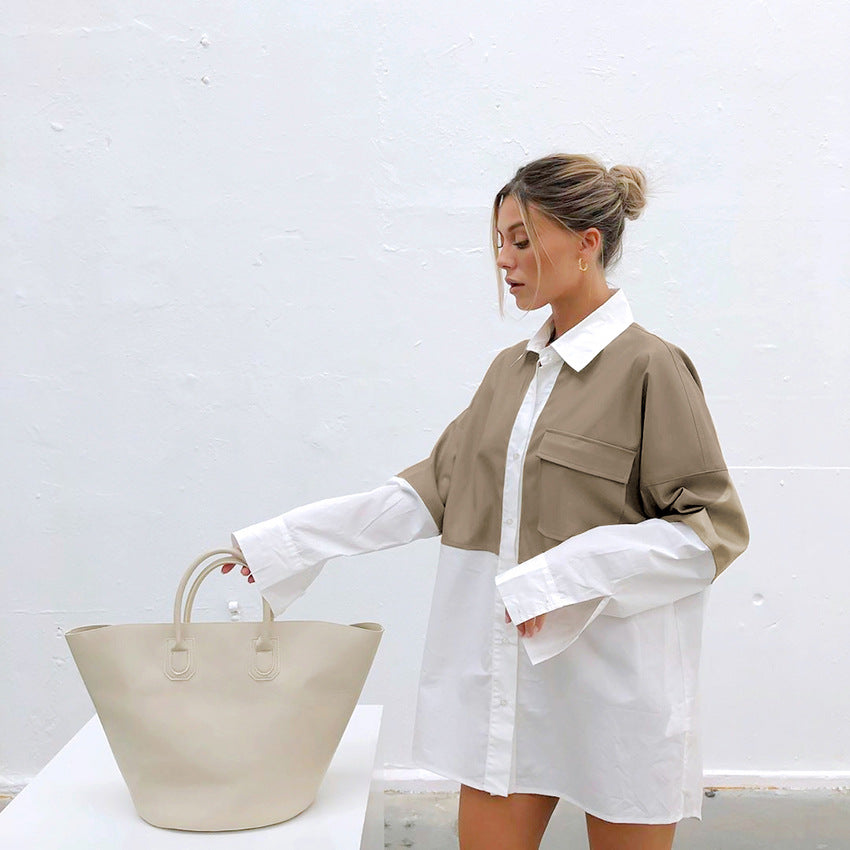 New Stitching PU Leather Coat Loose Mid Length Shirt Women