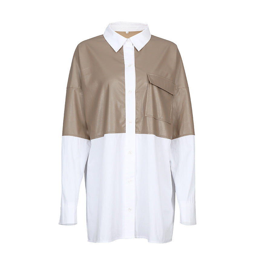 New Stitching PU Leather Coat Loose Mid Length Shirt Women