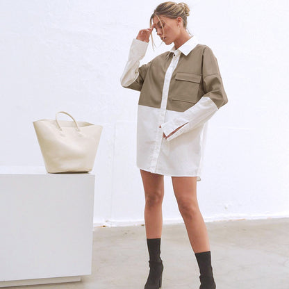 New Stitching PU Leather Coat Loose Mid Length Shirt Women