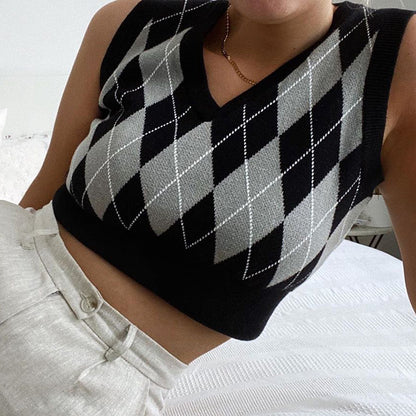 Argyle Plaid Knitted Tank Top V Neck Women Sweater Vest 90s