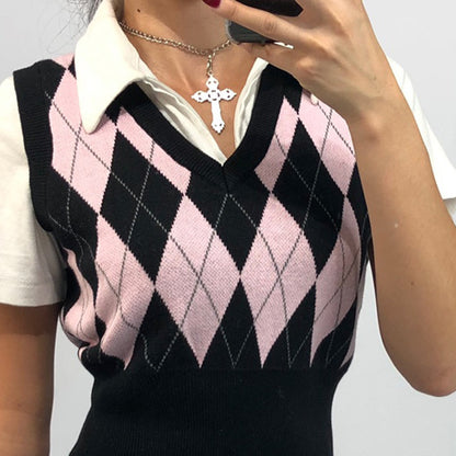 Argyle Plaid Knitted Tank Top V Neck Women Sweater Vest 90s