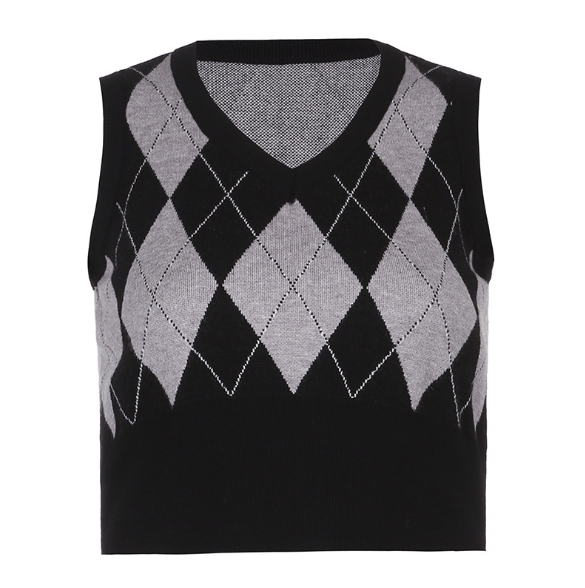 Argyle Plaid Knitted Tank Top V Neck Women Sweater Vest 90s