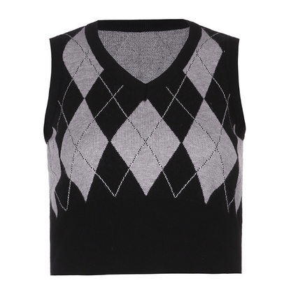 Argyle Plaid Knitted Tank Top V Neck Women Sweater Vest 90s