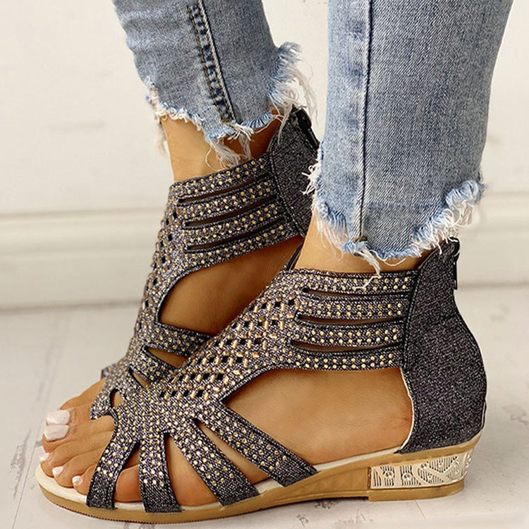 Flat Cutout Roman Rhinestone Sandals