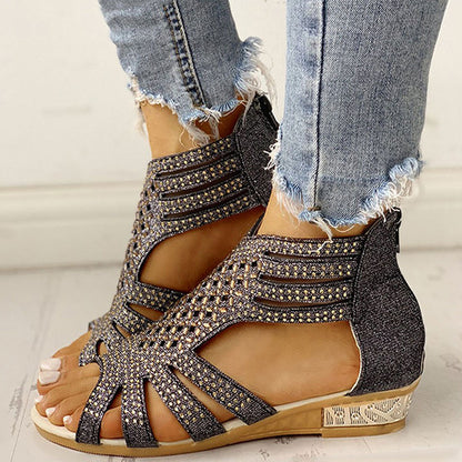 Flat Cutout Roman Rhinestone Sandals