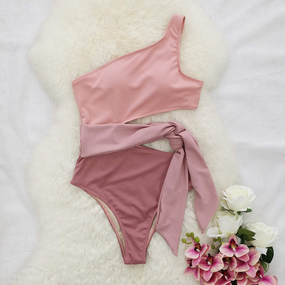 One-shoulder Plain Swimsuit Leopard Print Swimsuit