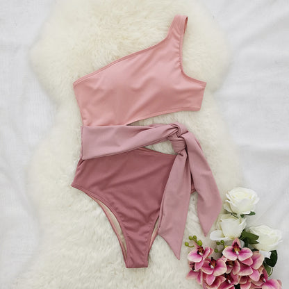 One-shoulder Plain Swimsuit Leopard Print Swimsuit