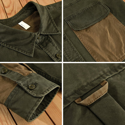 Retro Patchwork Pure Cotton Workwear Shirt Men