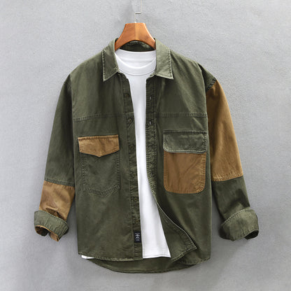 Retro Patchwork Pure Cotton Workwear Shirt Men