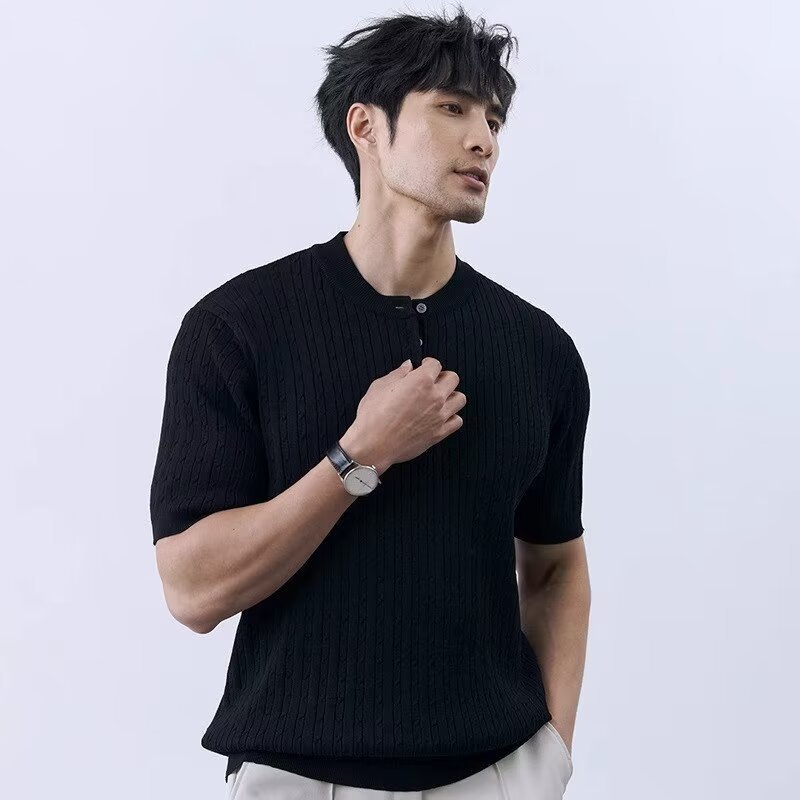 Simple And Slim-fit Round-neck High-end Casual Knit Short-sleeve Shirt For Men