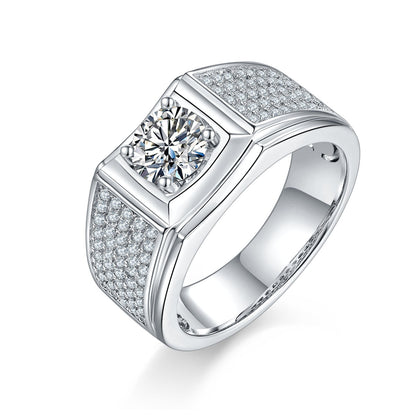 Men's 1-carat Luxury And Fashionable Light Luxury Jewelry Silver Ring Set With Top-quality Moissanite, S925 Silver-plated Platinum