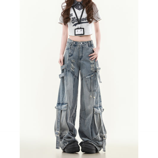 Women's Straight Loose Multi-pocket Cargo Jeans