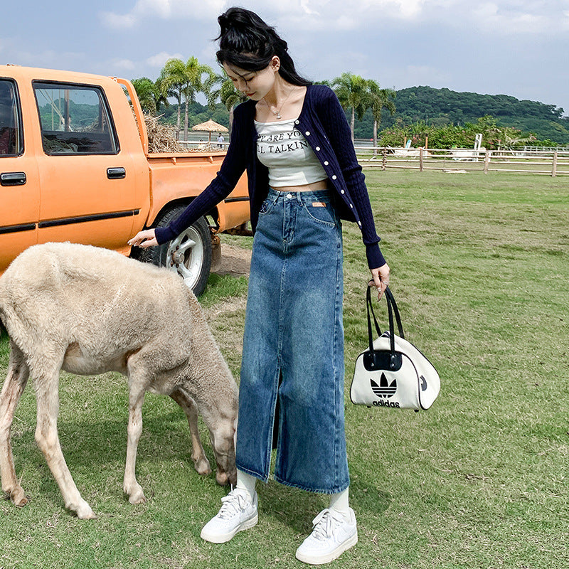 Front Slit High Waist Denim Skirt For Women