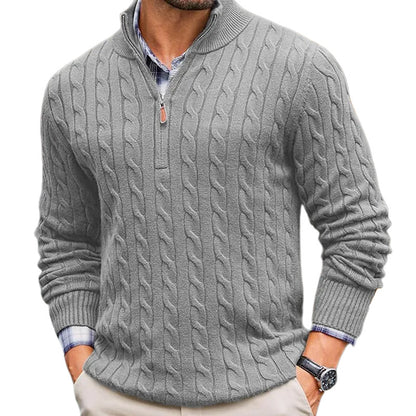 Mens Slim-fit Knitted Zip-up Mock-neck Long-sleeve Sweater