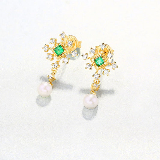 Light Luxury Niche Design Sterling Silver Pearl Earrings Emeralds