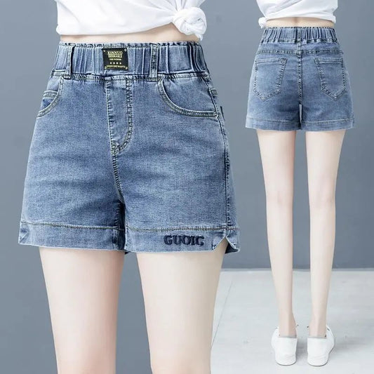 High Waist Denim Shorts Women Elastic Wide Leg