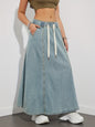 Elastic Waist Drawstring Dark Blue Denim Skirt For Women