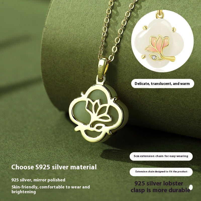 Magnolia Hetian Jade Necklace Female S925 Sterling Silver