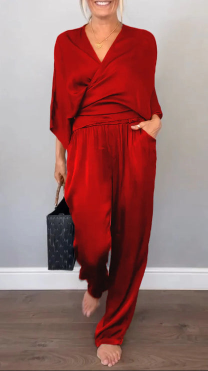 Solid Color Satin Short-sleeved Top Pants Suit Women