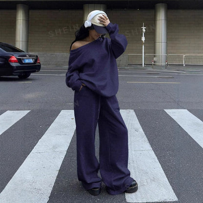 Casual Sports Style Round Neck Loose Hoodie And Casual Pants Set For Women