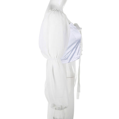 Puff sleeve stitching tie t-shirt