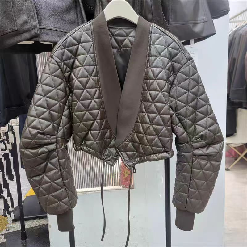 Short Quilted Leather Motorcycle Jacket Women