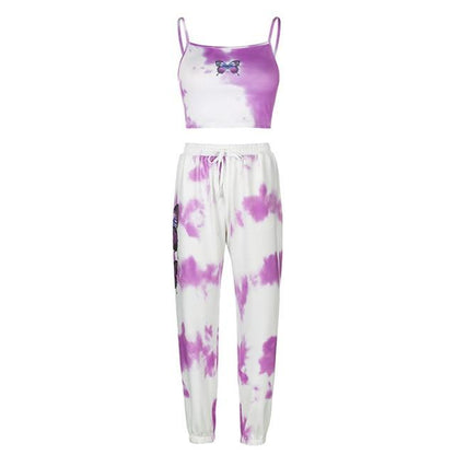 Purple tie-dye butterfly print vest sweater pants women