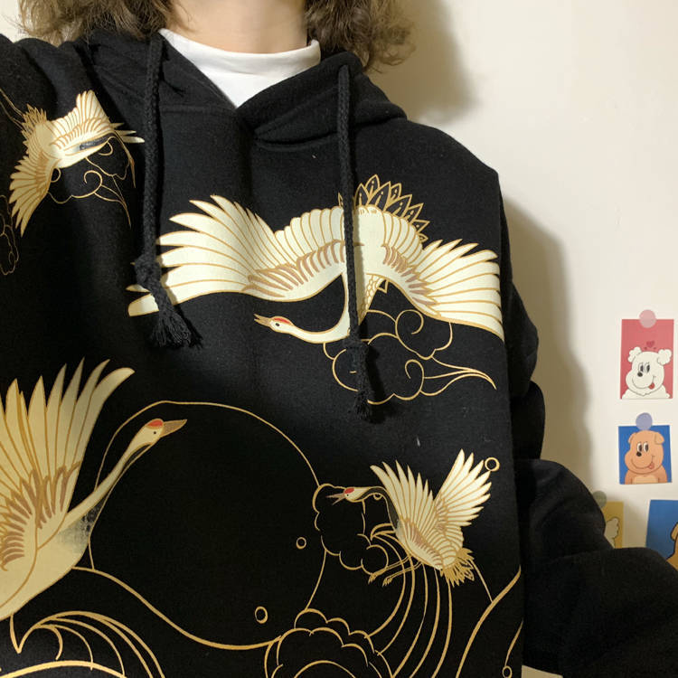 Retro Crane Print Loose Hooded Plus Velvet Sweater Women Plus Size Coat